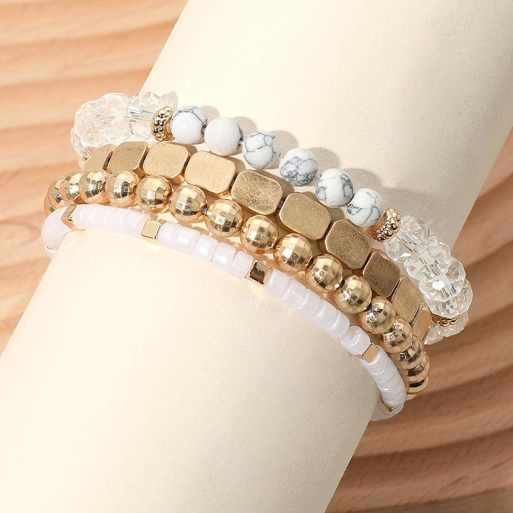 Madeline Love Cream, Worn Gold 4PCS - Metal Faceted Beaded Stretch Multi Layered Bracelets
