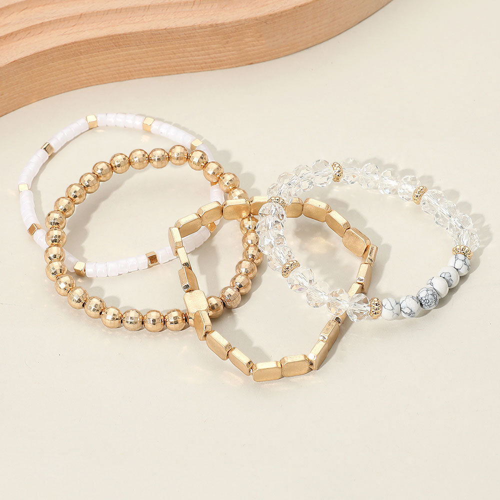 Madeline Love Cream, Worn Gold 4PCS - Metal Faceted Beaded Stretch Multi Layered Bracelets - desc