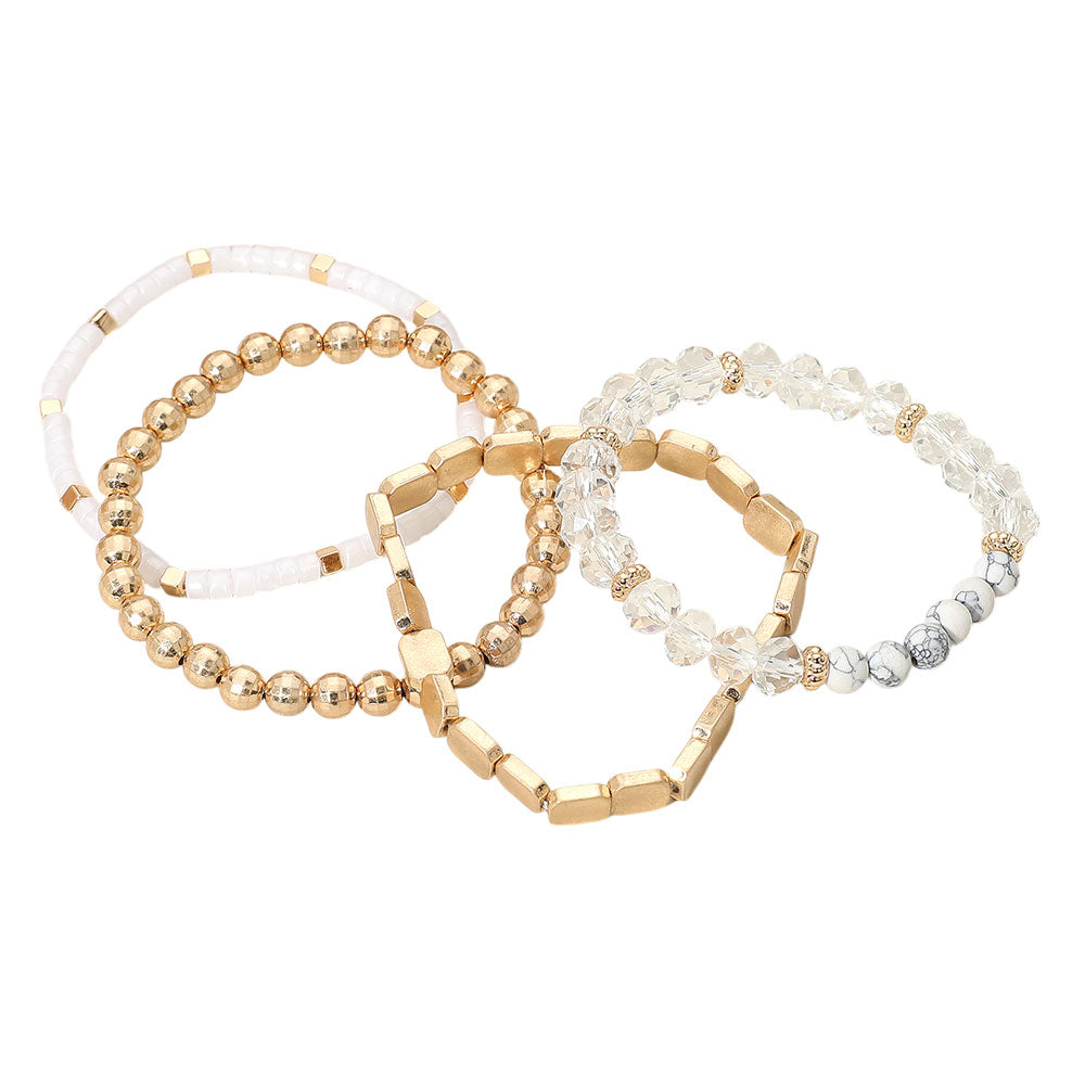 Madeline Love Cream, Worn Gold 4PCS - Metal Faceted Beaded Stretch Multi Layered Bracelets - extra