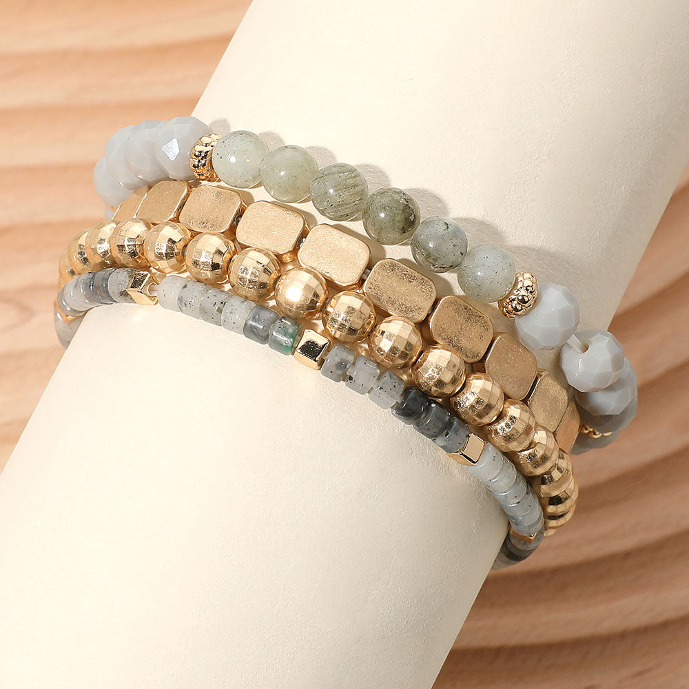 Madeline Love Gray, Worn Gold 4PCS - Metal Faceted Beaded Stretch Multi Layered Bracelets