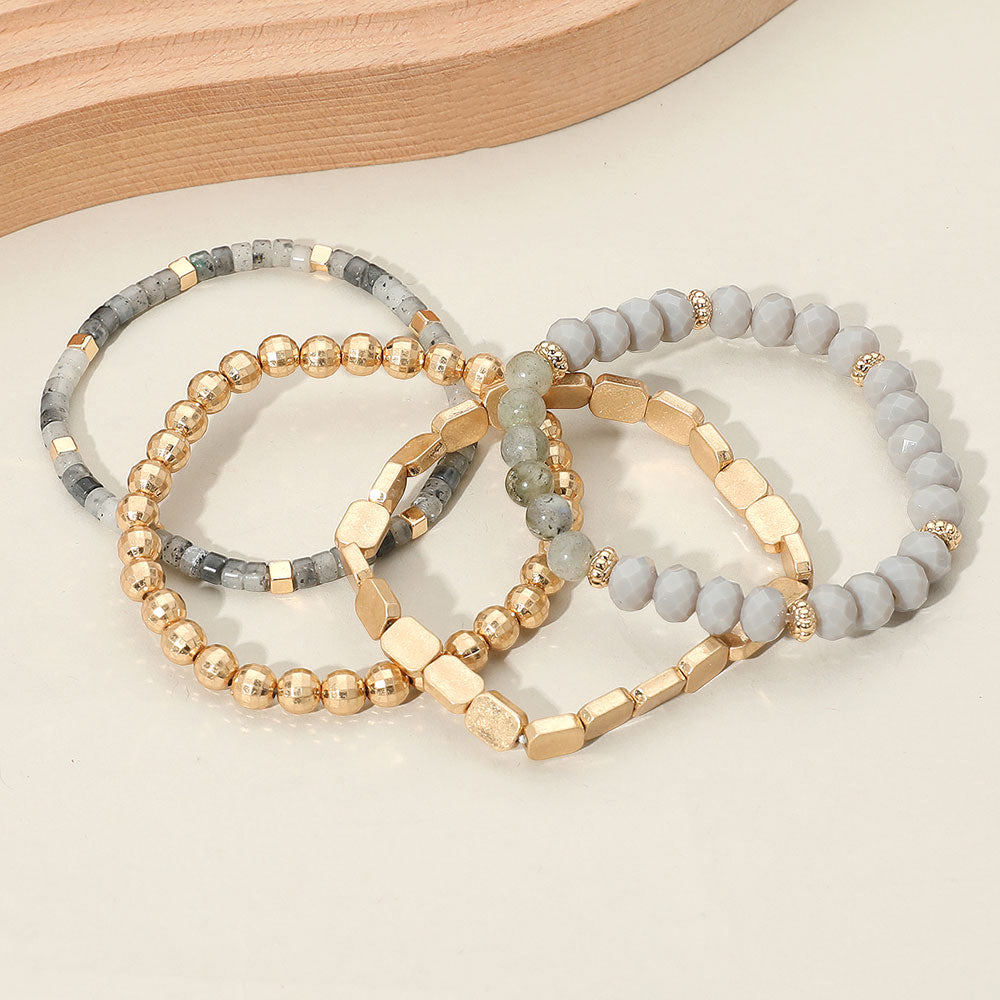 Madeline Love Gray, Worn Gold 4PCS - Metal Faceted Beaded Stretch Multi Layered Bracelets - desc