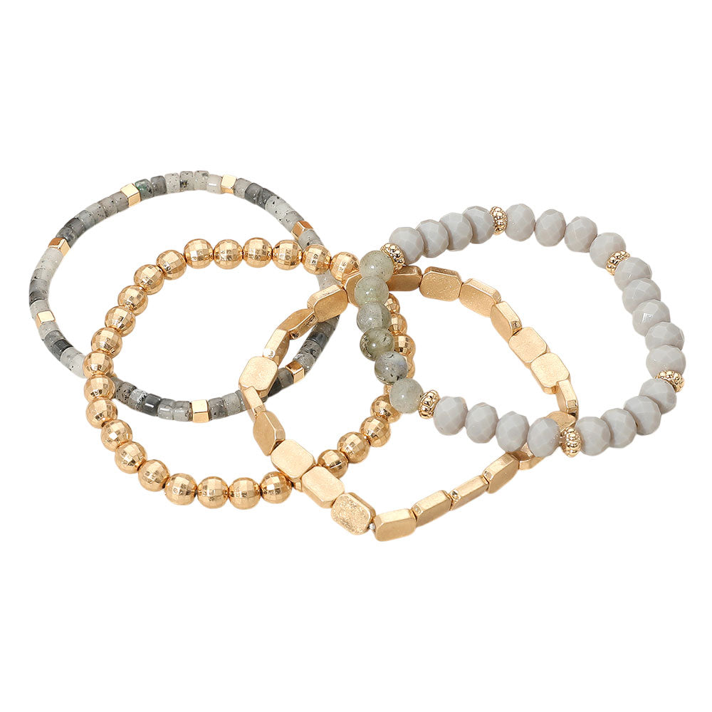 Madeline Love Gray, Worn Gold 4PCS - Metal Faceted Beaded Stretch Multi Layered Bracelets - extra
