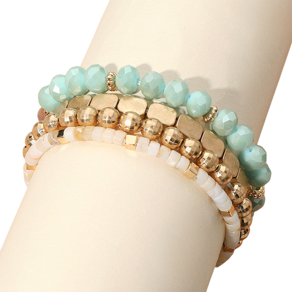Madeline Love Mint, Worn Gold 4PCS - Metal Faceted Beaded Stretch Multi Layered Bracelets - desc