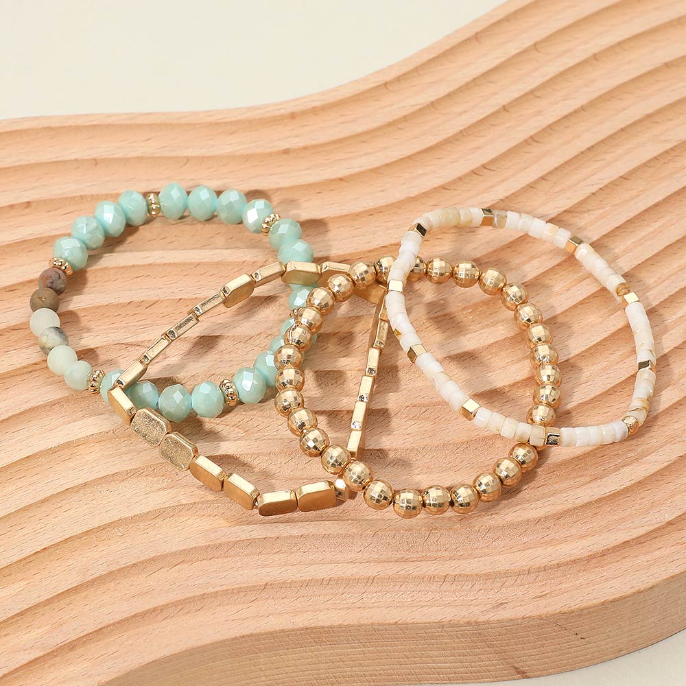 Madeline Love Mint, Worn Gold 4PCS - Metal Faceted Beaded Stretch Multi Layered Bracelets - extra