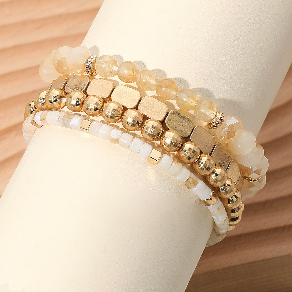 Madeline Love Neutral, Worn Gold 4PCS - Metal Faceted Beaded Stretch Multi Layered Bracelets