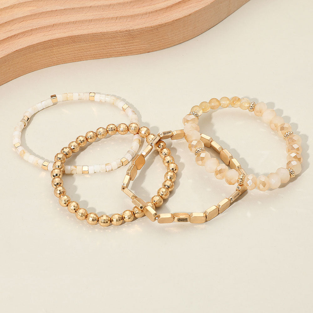Madeline Love Neutral, Worn Gold 4PCS - Metal Faceted Beaded Stretch Multi Layered Bracelets - desc