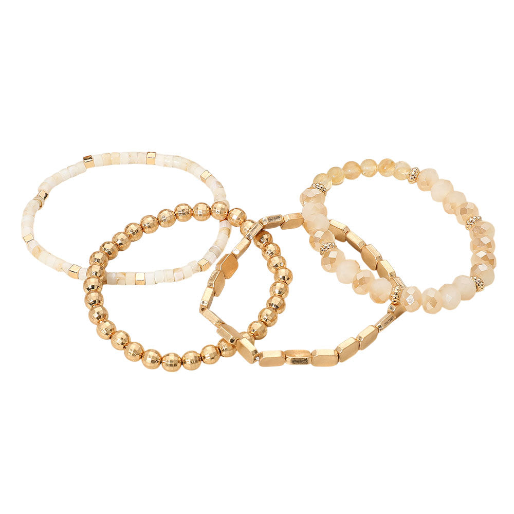 Madeline Love Neutral, Worn Gold 4PCS - Metal Faceted Beaded Stretch Multi Layered Bracelets - extra