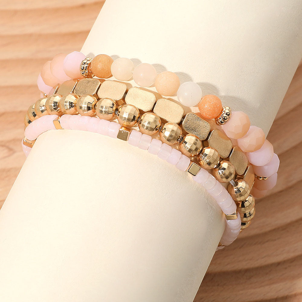 Madeline Love Pink, Worn Gold 4PCS - Metal Faceted Beaded Stretch Multi Layered Bracelets