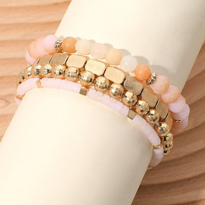 Madeline Love Pink, Worn Gold 4PCS - Metal Faceted Beaded Stretch Multi Layered Bracelets
