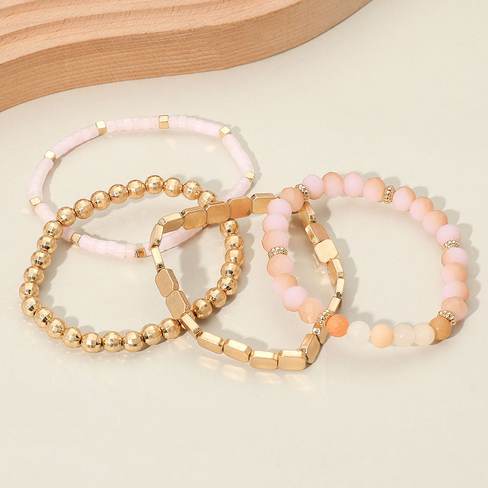 Madeline Love Pink, Worn Gold 4PCS - Metal Faceted Beaded Stretch Multi Layered Bracelets - desc