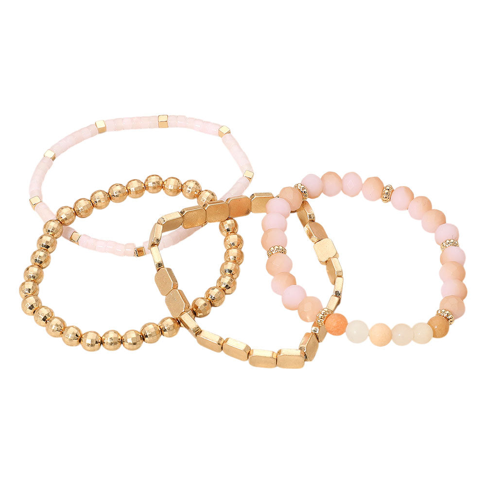Madeline Love Pink, Worn Gold 4PCS - Metal Faceted Beaded Stretch Multi Layered Bracelets - extra