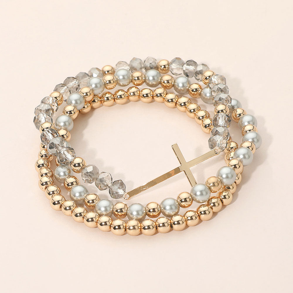 Madeline Love Black Diamond, Gray Cross Charm Pearl Metal Ball Faceted Beaded Stretch Multi Layered Bracelets