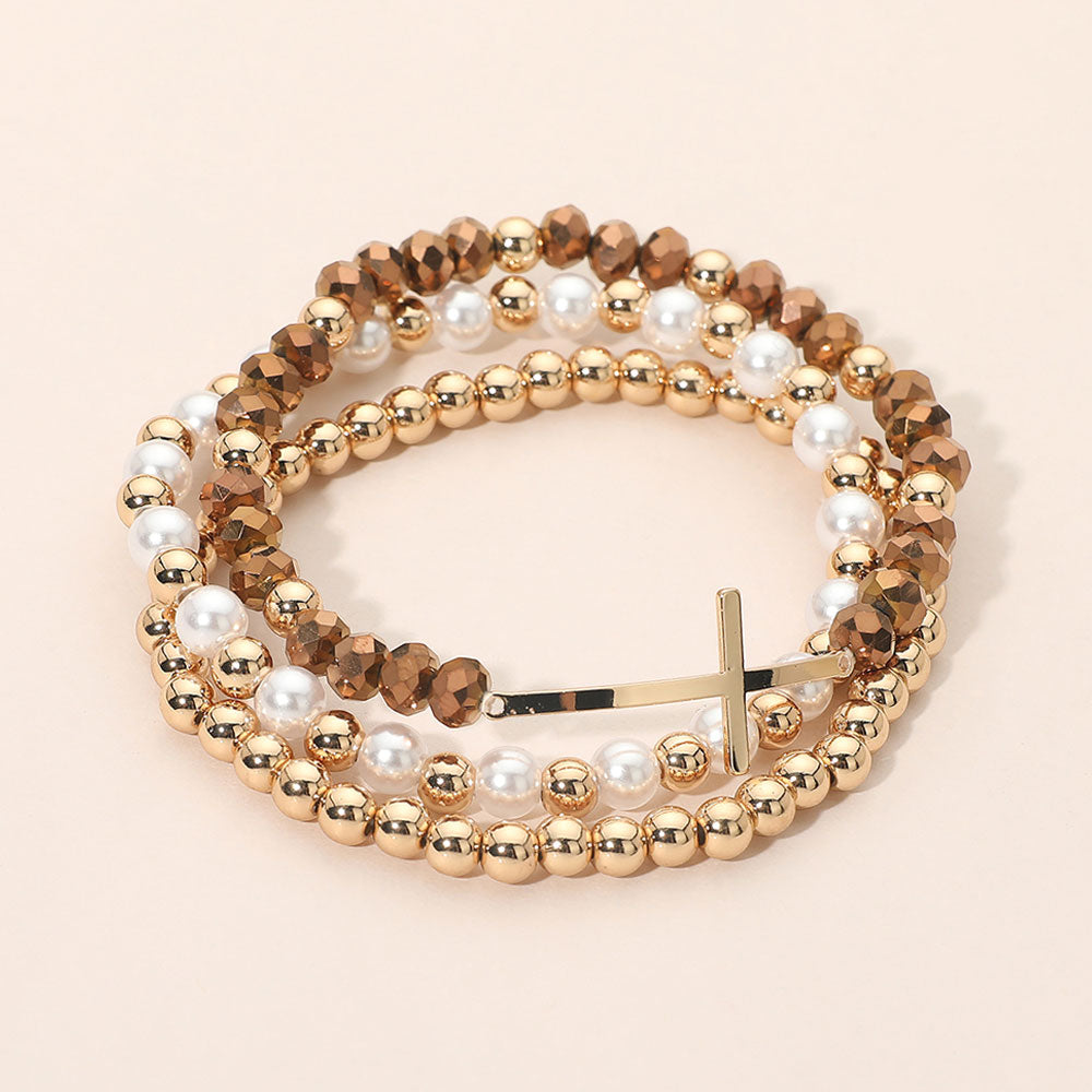 Madeline Love Brown, Cream Cross Charm Pearl Metal Ball Faceted Beaded Stretch Multi Layered Bracelets