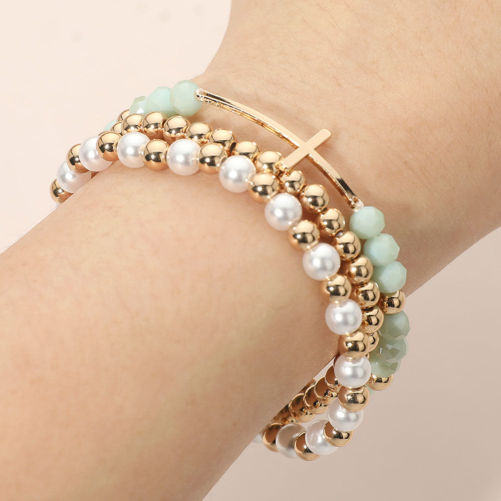 Madeline Love Cream, Mint Cross Charm Pearl Metal Ball Faceted Beaded Stretch Multi Layered Bracelets