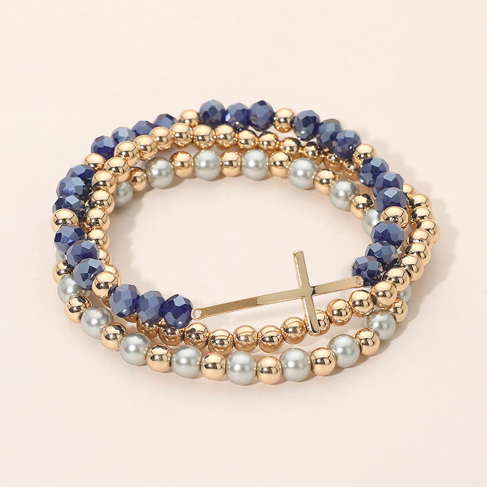 Madeline Love Gray, Montana Blue Cross Charm Pearl Metal Ball Faceted Beaded Stretch Multi Layered Bracelets