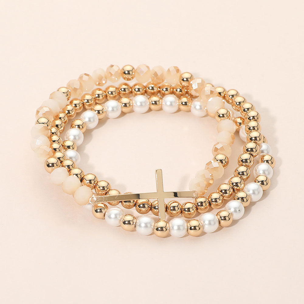 Madeline Love Cream, Neutral Cross Charm Pearl Metal Ball Faceted Beaded Stretch Multi Layered Bracelets