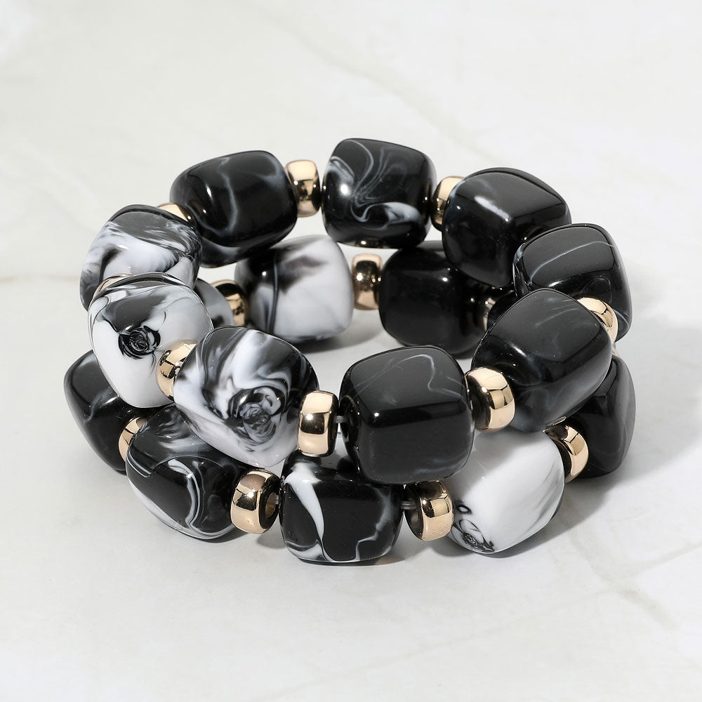 Madeline Love Black, Gold Chunky Pebble Beaded Stretch Multi Layered Bracelets