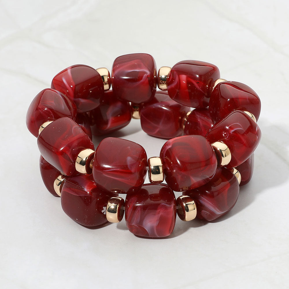 Madeline Love Burgundy, Gold Chunky Pebble Beaded Stretch Multi Layered Bracelets