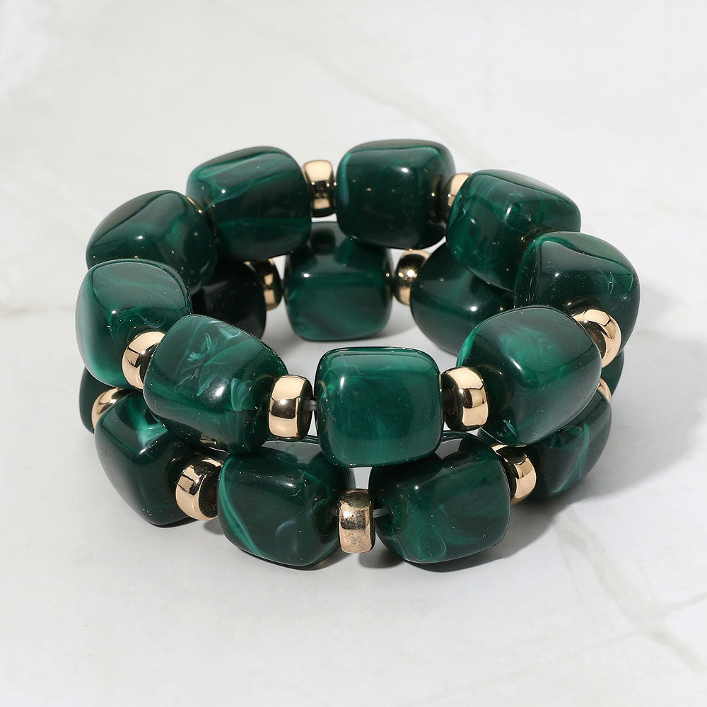 Madeline Love Gold, Green Chunky Pebble Beaded Stretch Multi Layered Bracelets