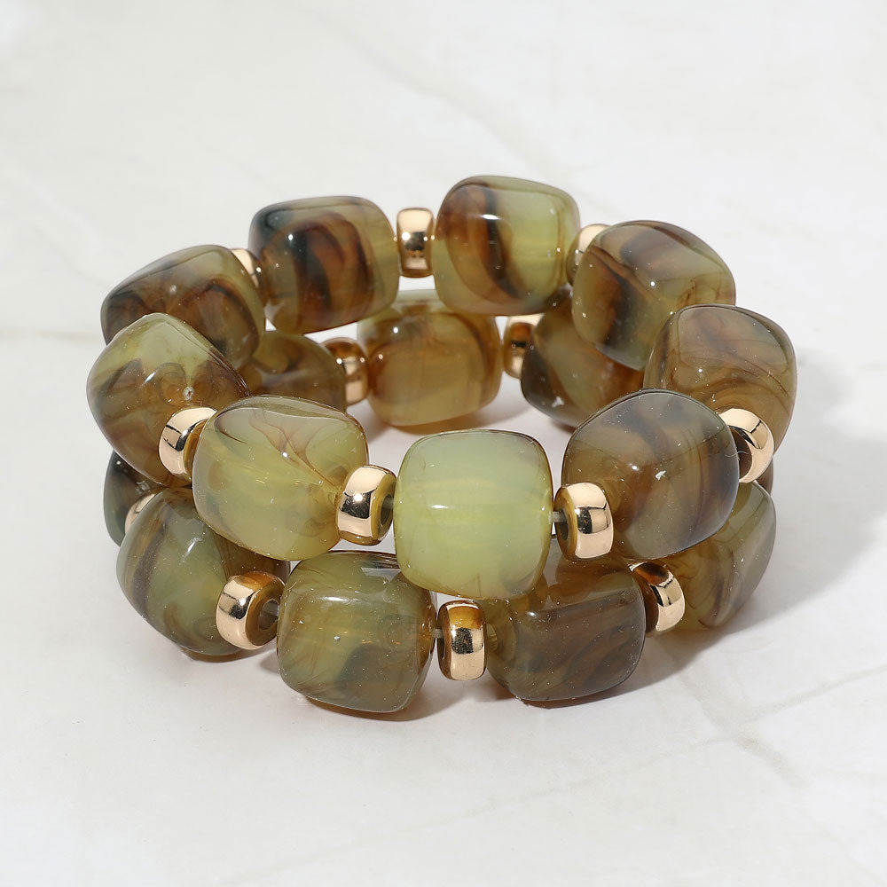 Madeline Love Gold, Olive Green Chunky Pebble Beaded Stretch Multi Layered Bracelets