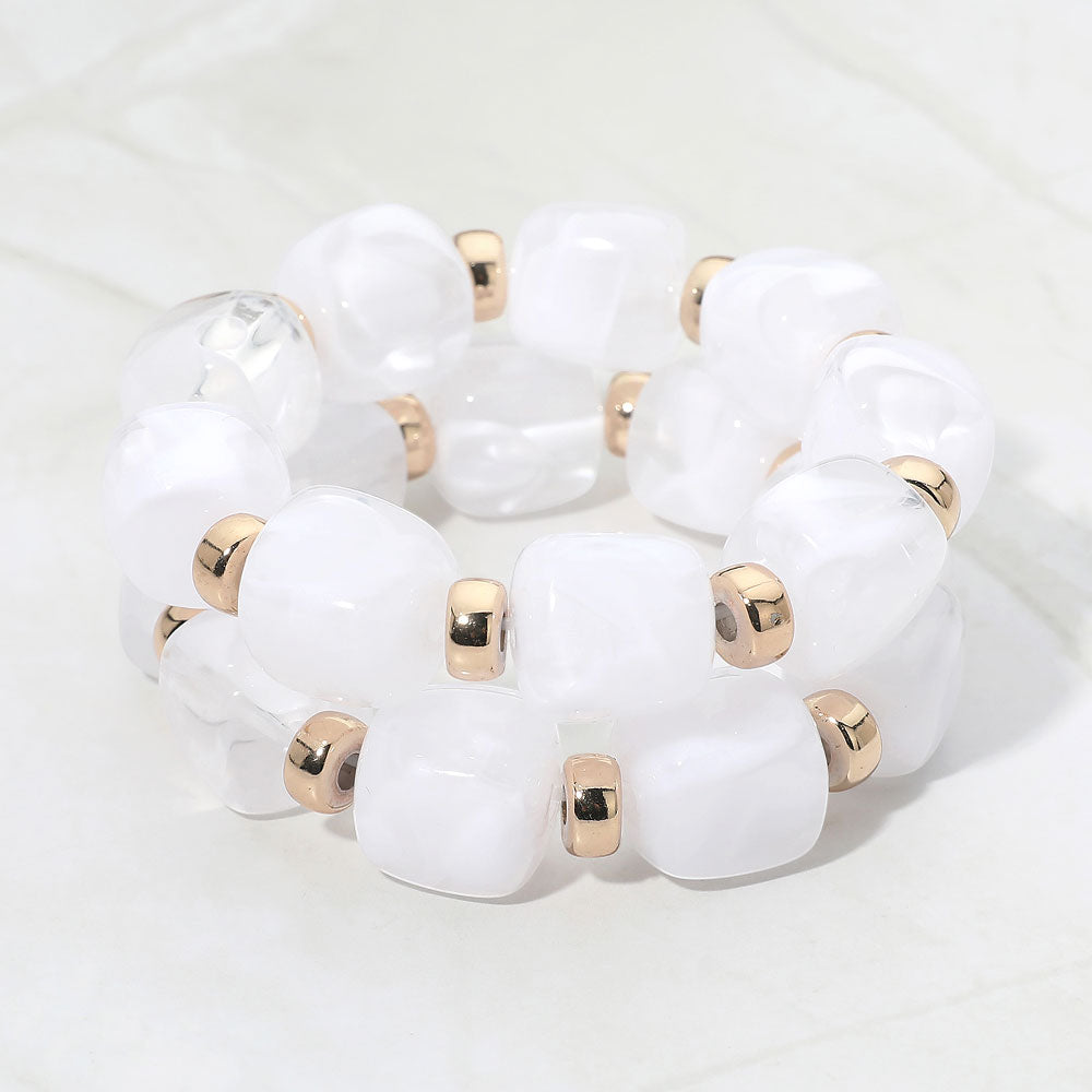 Madeline Love Gold, White Chunky Pebble Beaded Stretch Multi Layered Bracelets