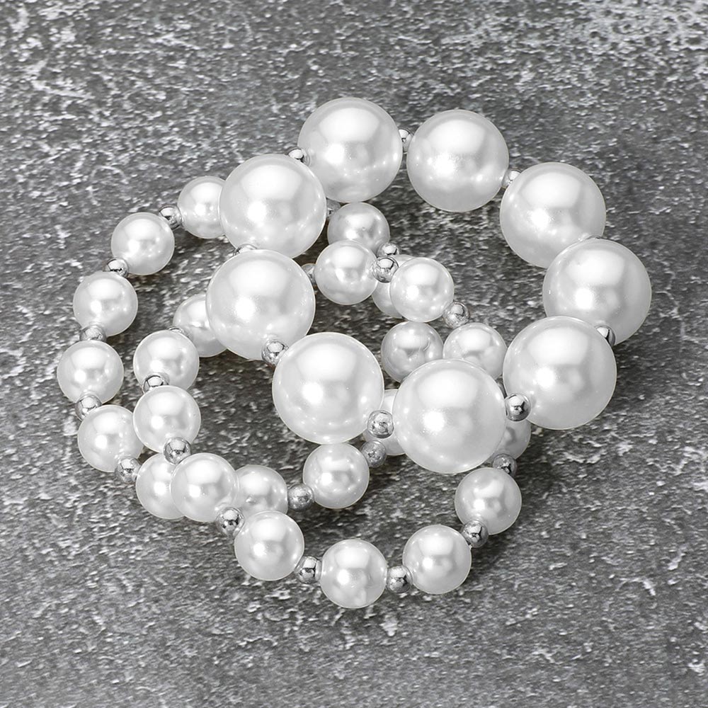 Madeline Love Rhodium, White 3PCS - Pearl Beaded Stretch Bracelets