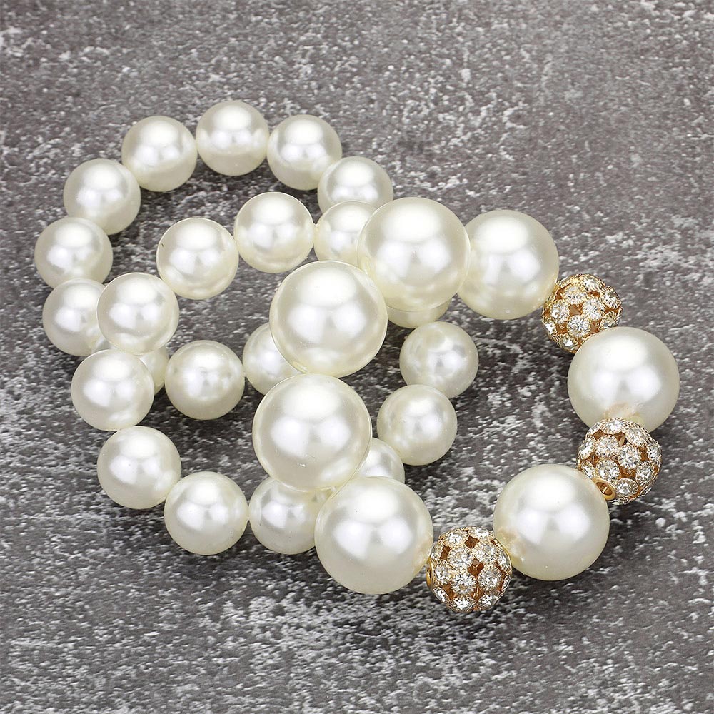 Madeline Love Cream, Gold 3PCS - Chunky Pearl Ball Beaded Stretch Multi Layered Bracelets