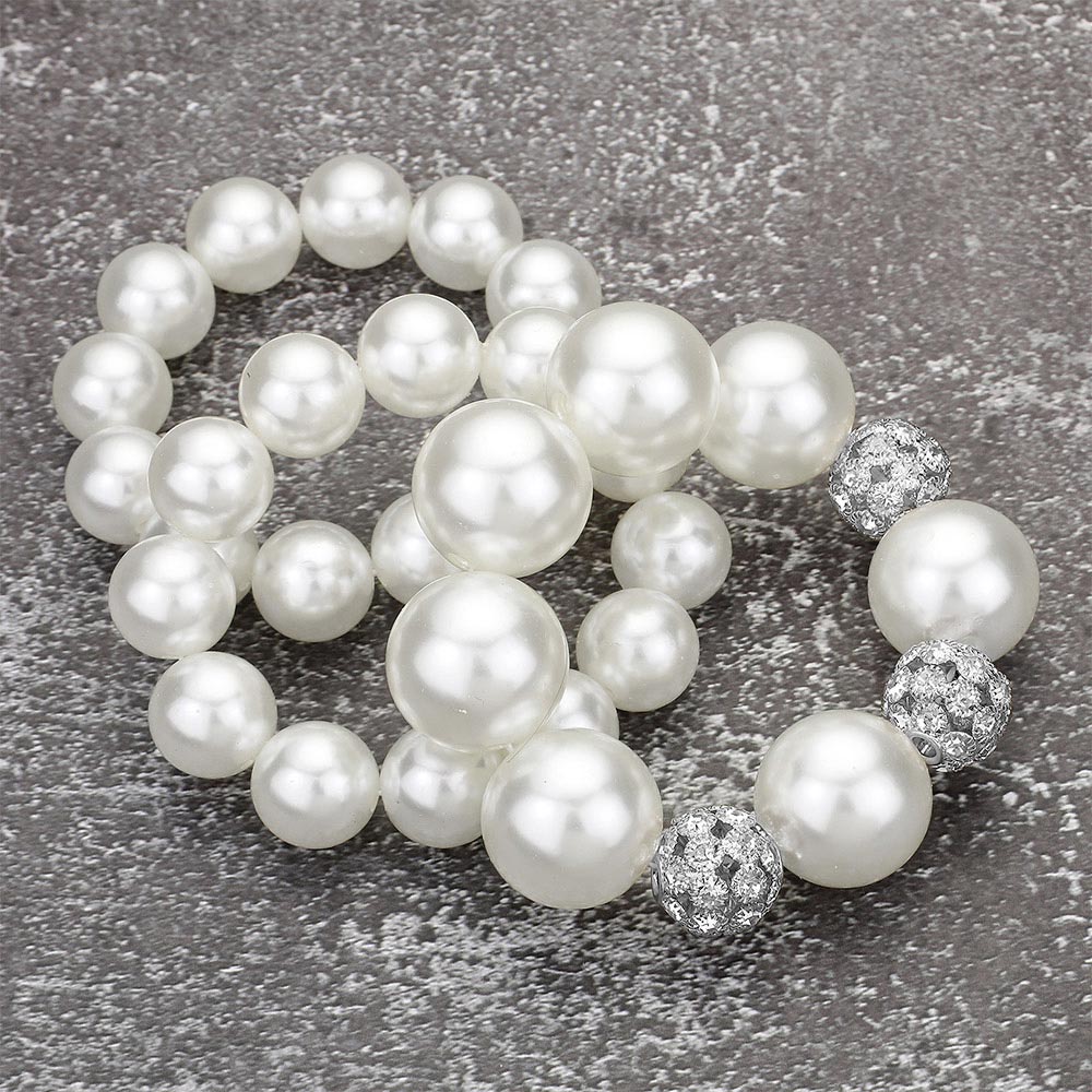 Madeline Love Rhodium, White 3PCS - Chunky Pearl Ball Beaded Stretch Multi Layered Bracelets