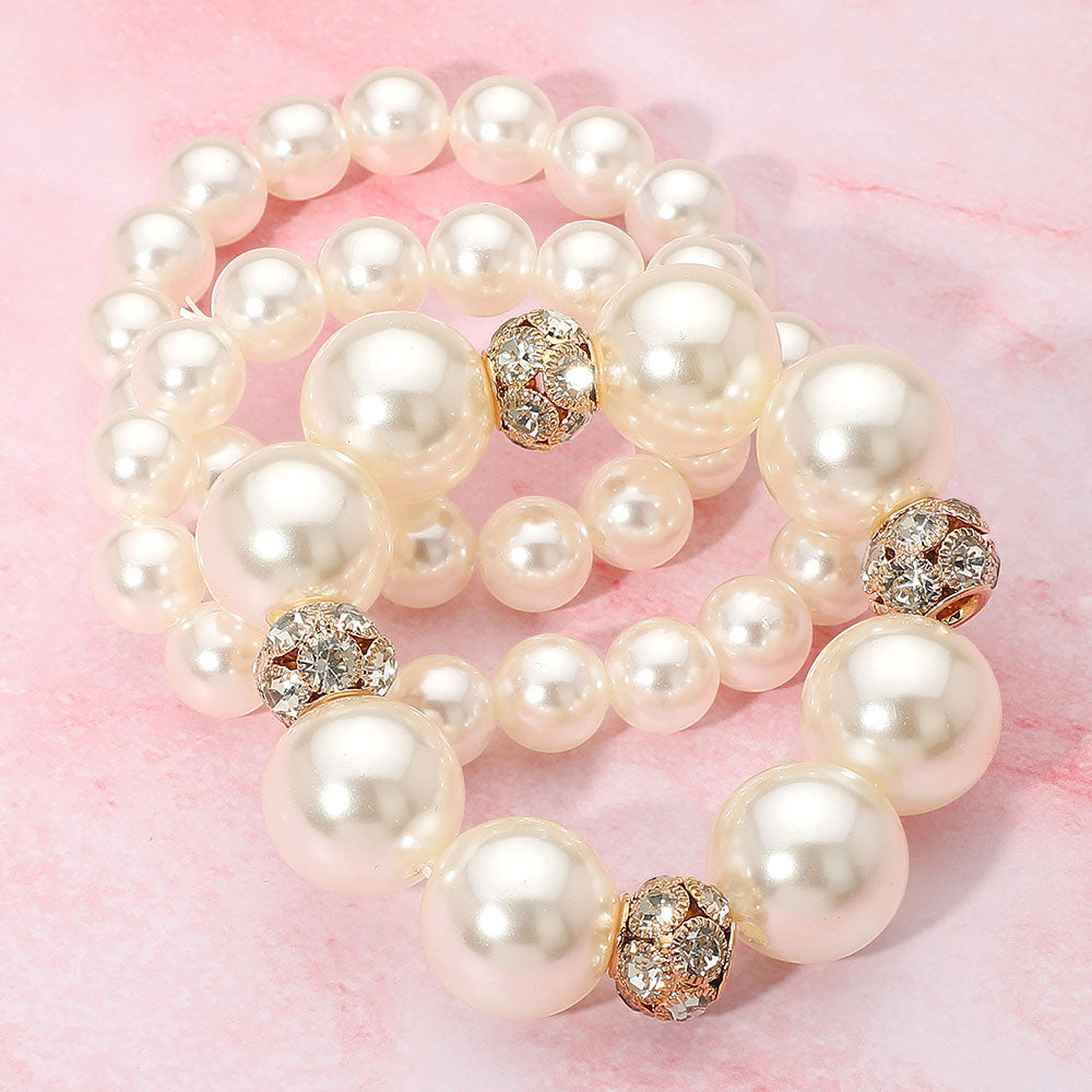 Madeline Love Cream, Gold 3PCS - Pearl Stone Ball Beaded Stretch Multi Layered Bracelets