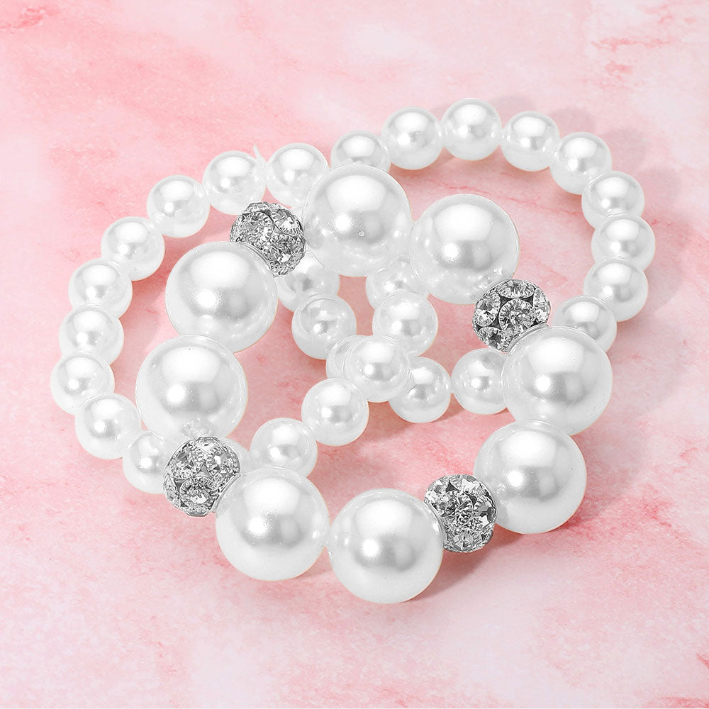 Madeline Love Rhodium, White 3PCS - Pearl Stone Ball Beaded Stretch Multi Layered Bracelets