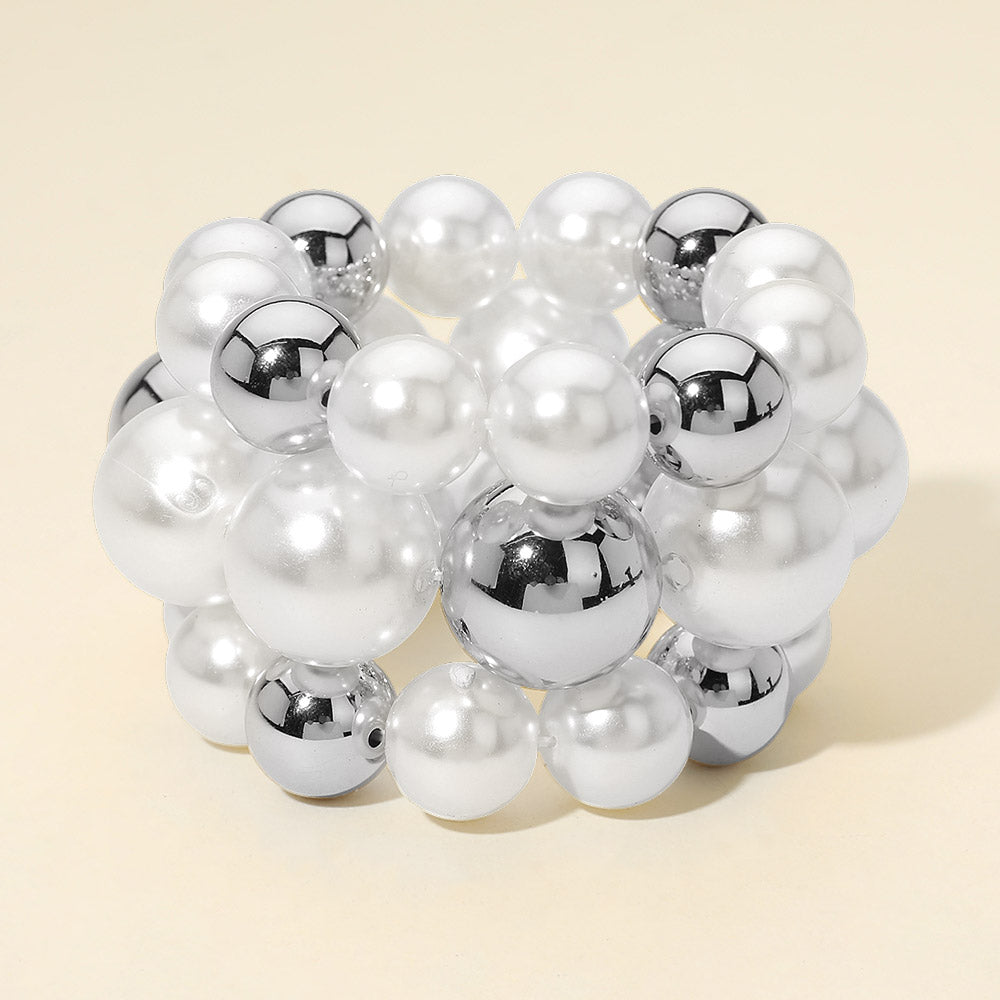 Madeline Love Rhodium 3PCS - Bold Pearl Metal Ball Beaded Stretch Multi Layered Bracelets