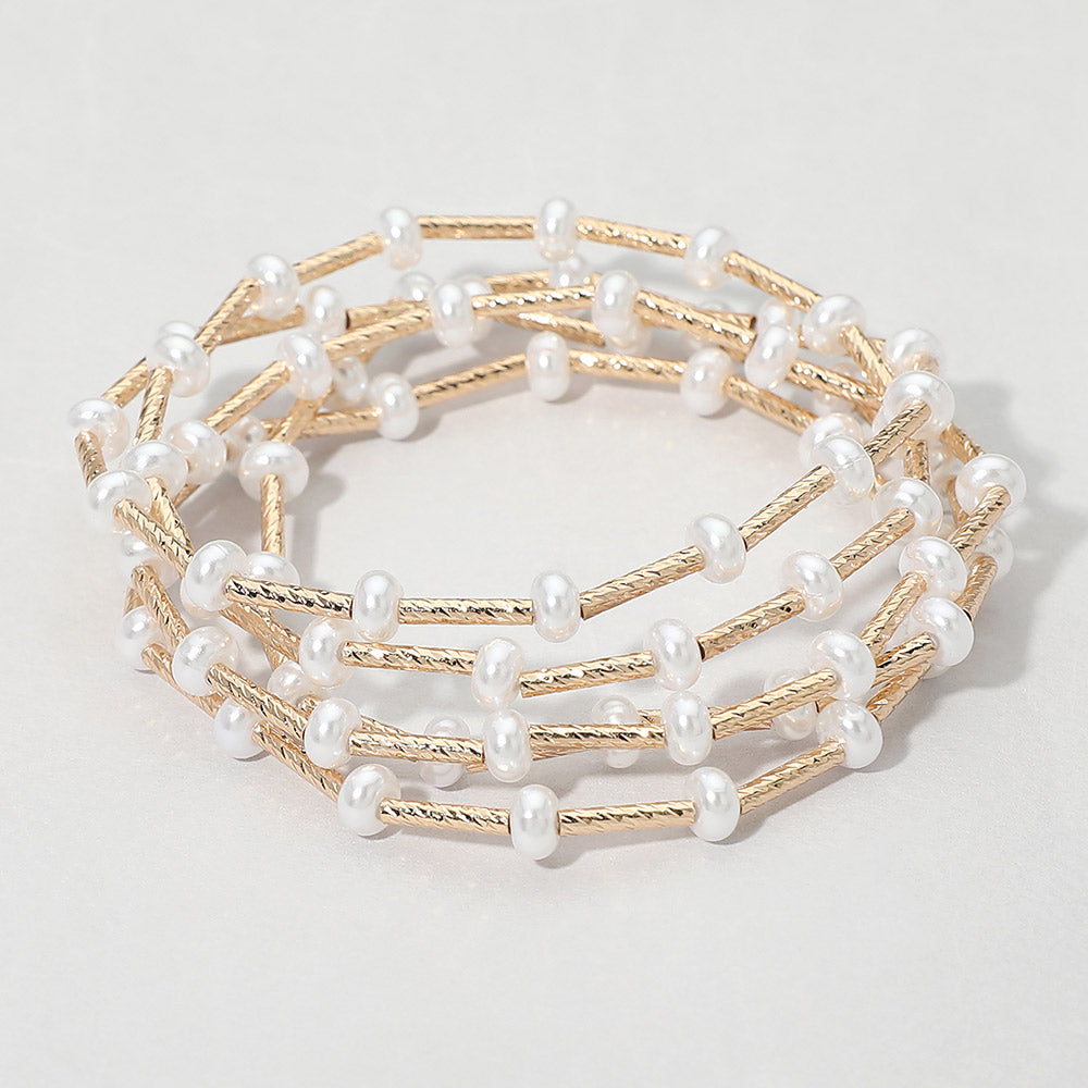 Madeline Love Gold 5PCS - Flat Pearl Textured Metal Bar Beaded Stretch Multi Layered Bracelets