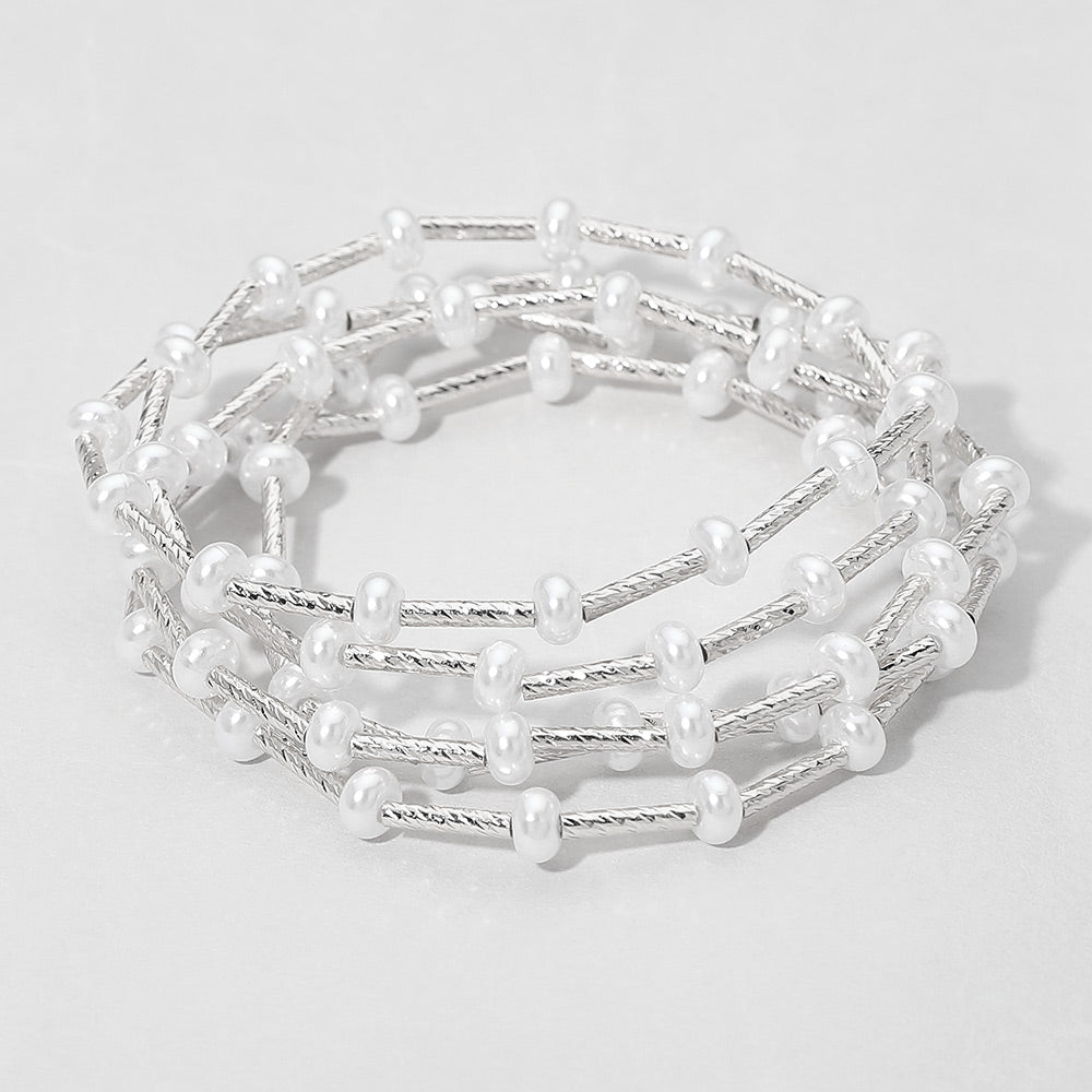 Madeline Love Rhodium 5PCS - Flat Pearl Textured Metal Bar Beaded Stretch Multi Layered Bracelets