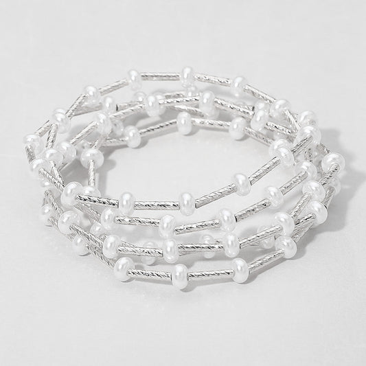 Madeline Love Rhodium 5PCS - Flat Pearl Textured Metal Bar Beaded Stretch Multi Layered Bracelets