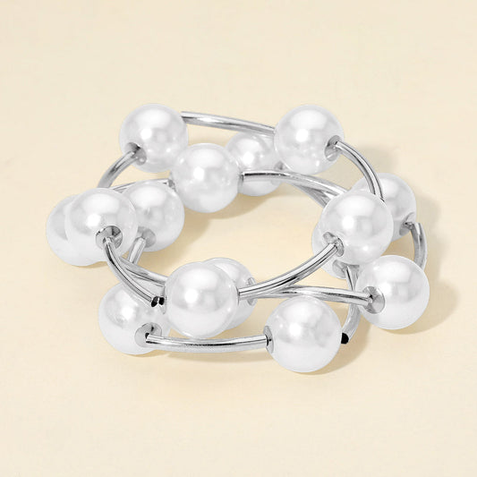 Madeline Love Rhodium, White 3PCS - Pearl Ball and Bar Beaded Stretch Multi Layered Bracelets