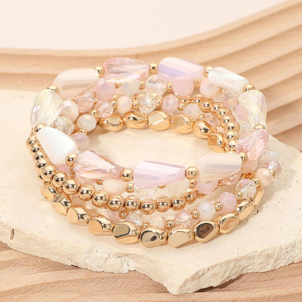 Madeline Love Dust Pink Metal Pebble Faceted Beaded Stretch Multi Layered Bracelets