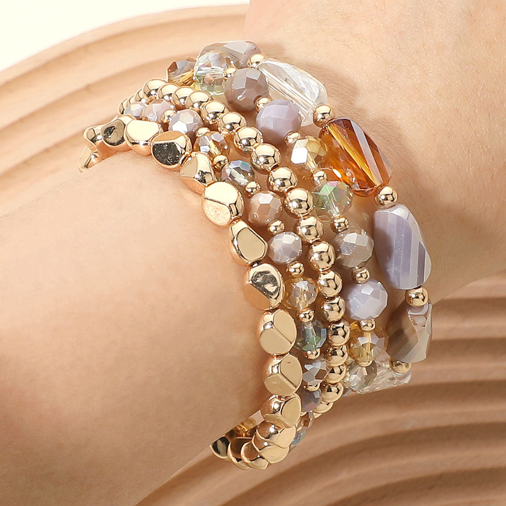 Madeline Love Brown, Dark Metal Pebble Faceted Beaded Stretch Multi Layered Bracelets