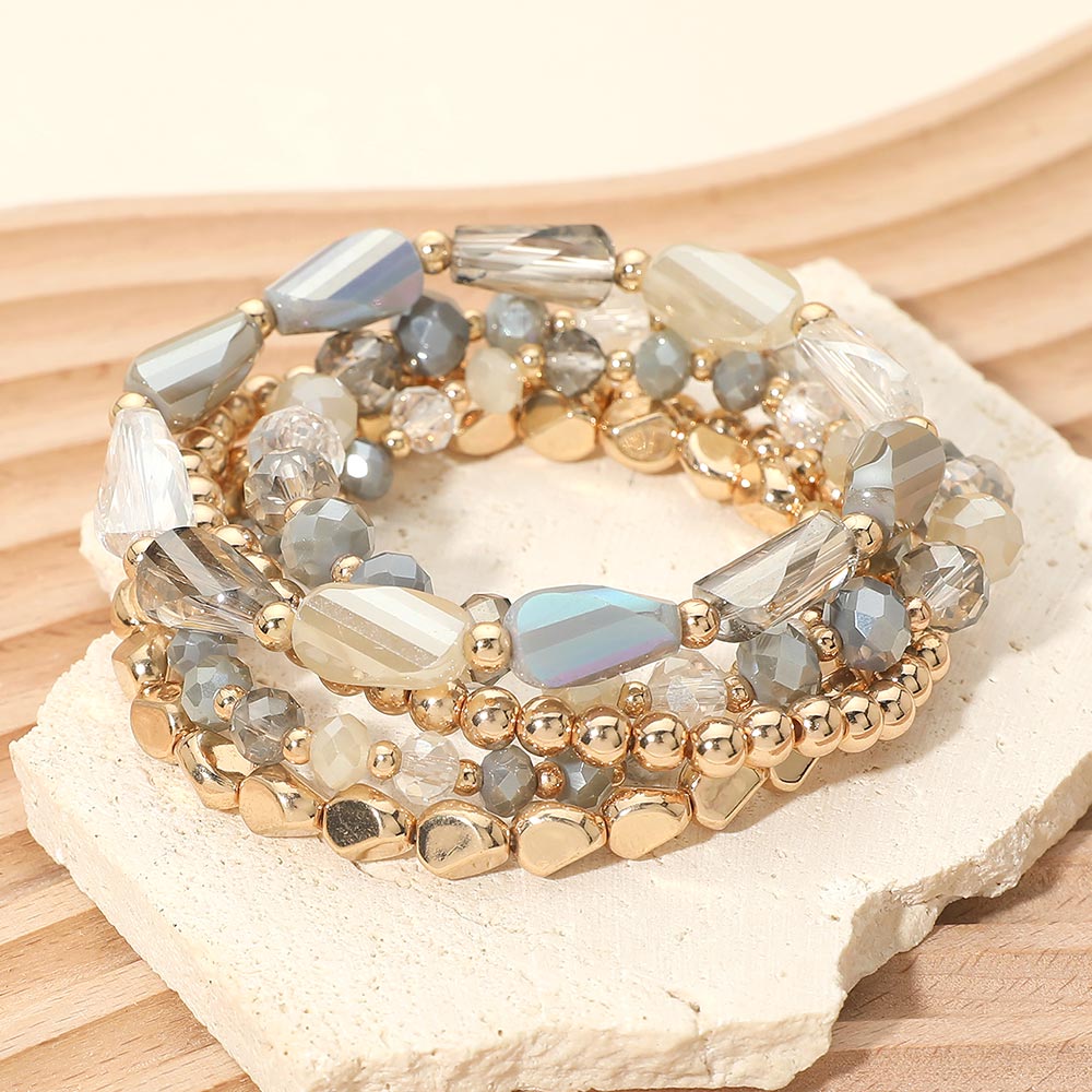 Madeline Love Gray Metal Pebble Faceted Beaded Stretch Multi Layered Bracelets