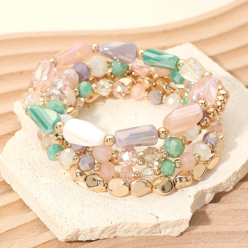 Madeline Love Multi Metal Pebble Faceted Beaded Stretch Multi Layered Bracelets