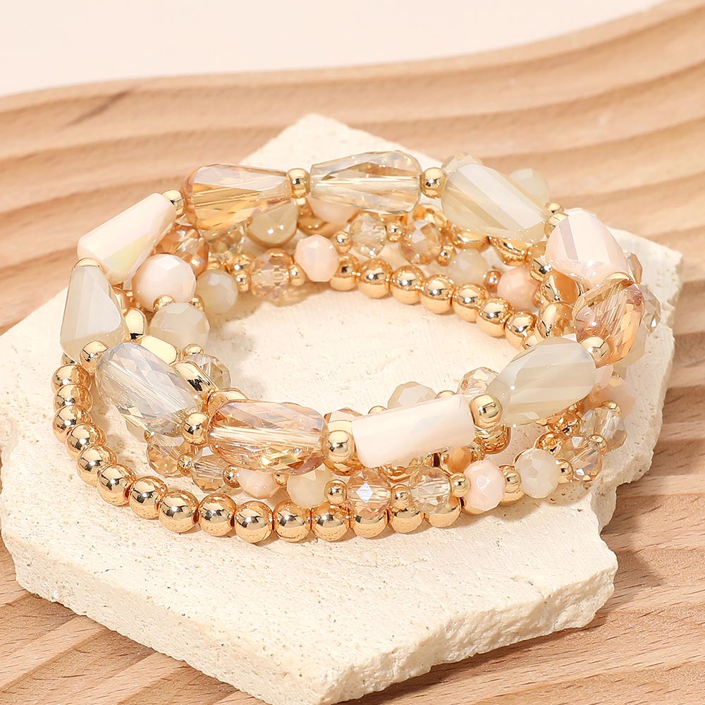 Madeline Love Neutral Metal Pebble Faceted Beaded Stretch Multi Layered Bracelets