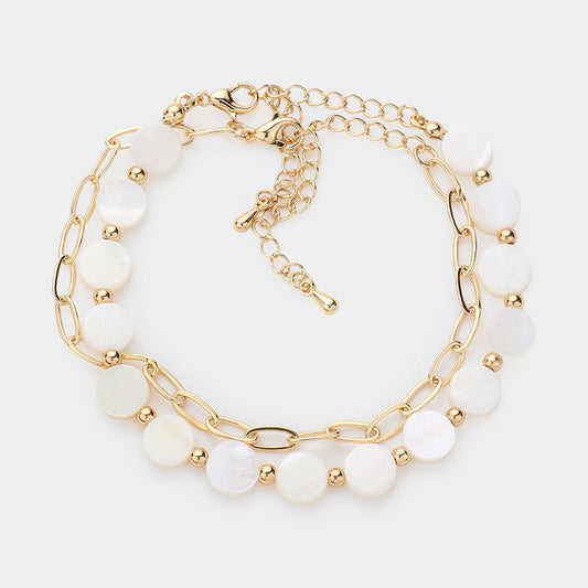 Madeline Love Gold, Mother of Pearl Mother Of Pearl Disc Station Paperclip Metal Chain Layered Bracelet - Bracelets