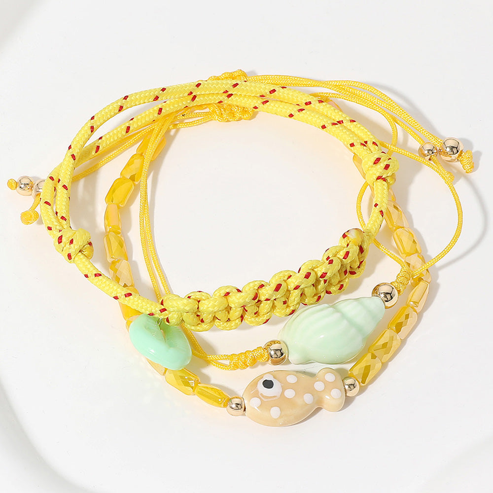 Gold, Yellow 3PCS - Ceramic Fish Puka Shell Miter Shell Charm Beaded Braided Cinch Pull Tie Bracelets