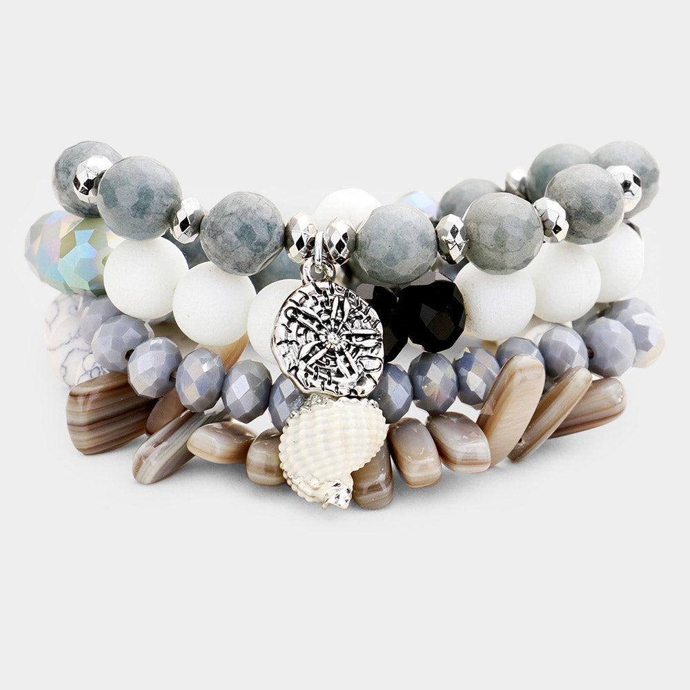 Madeline Love Black, Rhodium, White 4PCS - Semi Precious Stone Sand Dollar Bead Stretch Bracelets