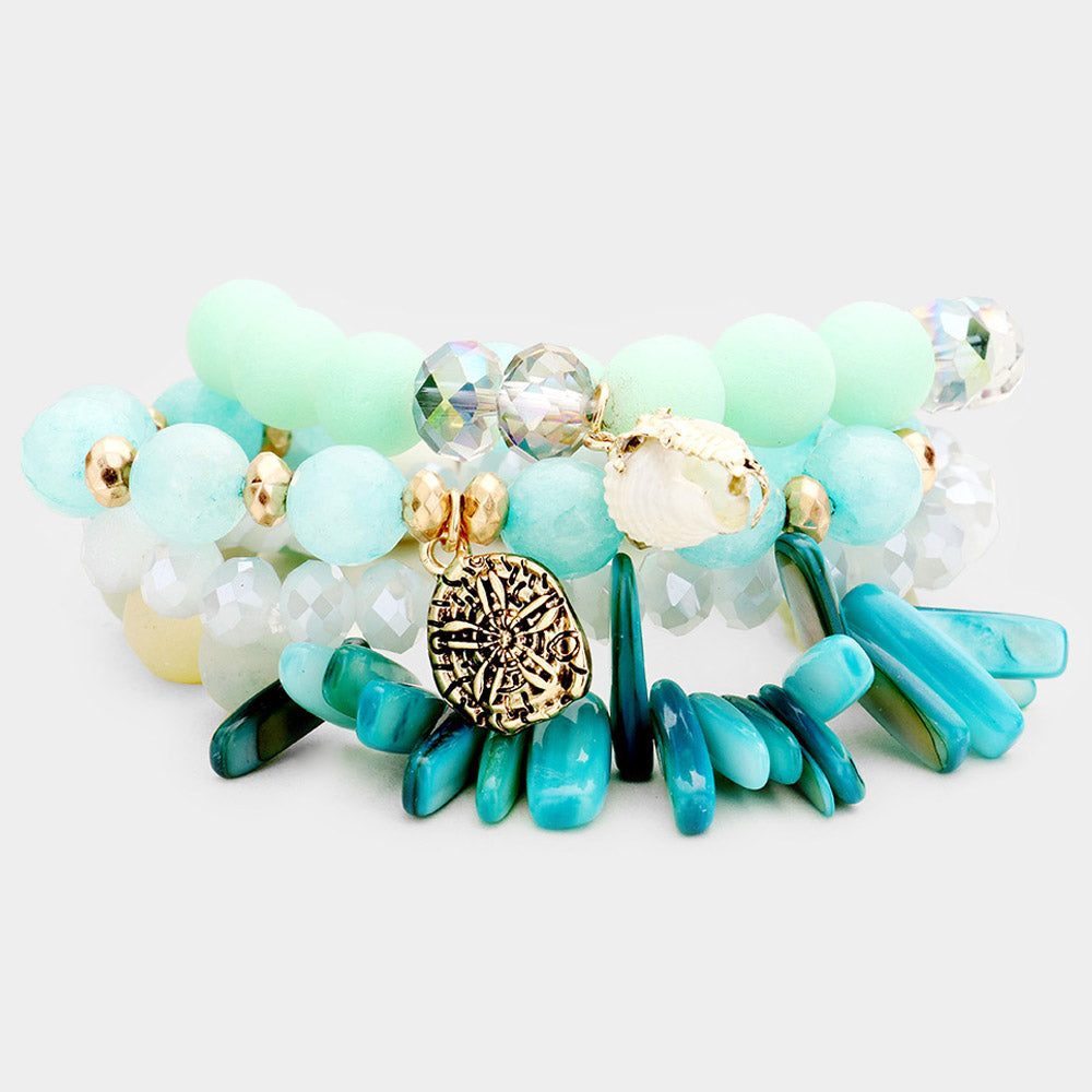 Madeline Love Green, Worn Gold 4PCS - Semi Precious Stone Sand Dollar Bead Stretch Bracelets
