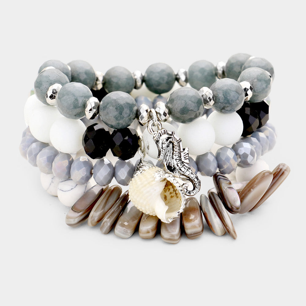 Black, Rhodium, White 4PCS - Semi Precious Stone Seahorse Beaded Stretch Bracelets