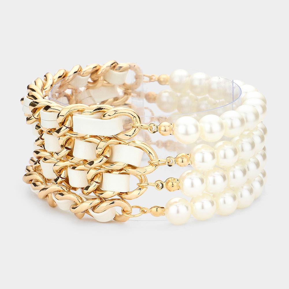 Madeline Love Gold, White 4PCS - Faux Leather Braided Pearl Beaded Multi Layered Bracelets