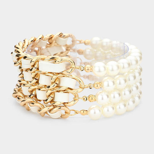 Madeline Love Gold, White 4PCS - Faux Leather Braided Pearl Beaded Multi Layered Bracelets