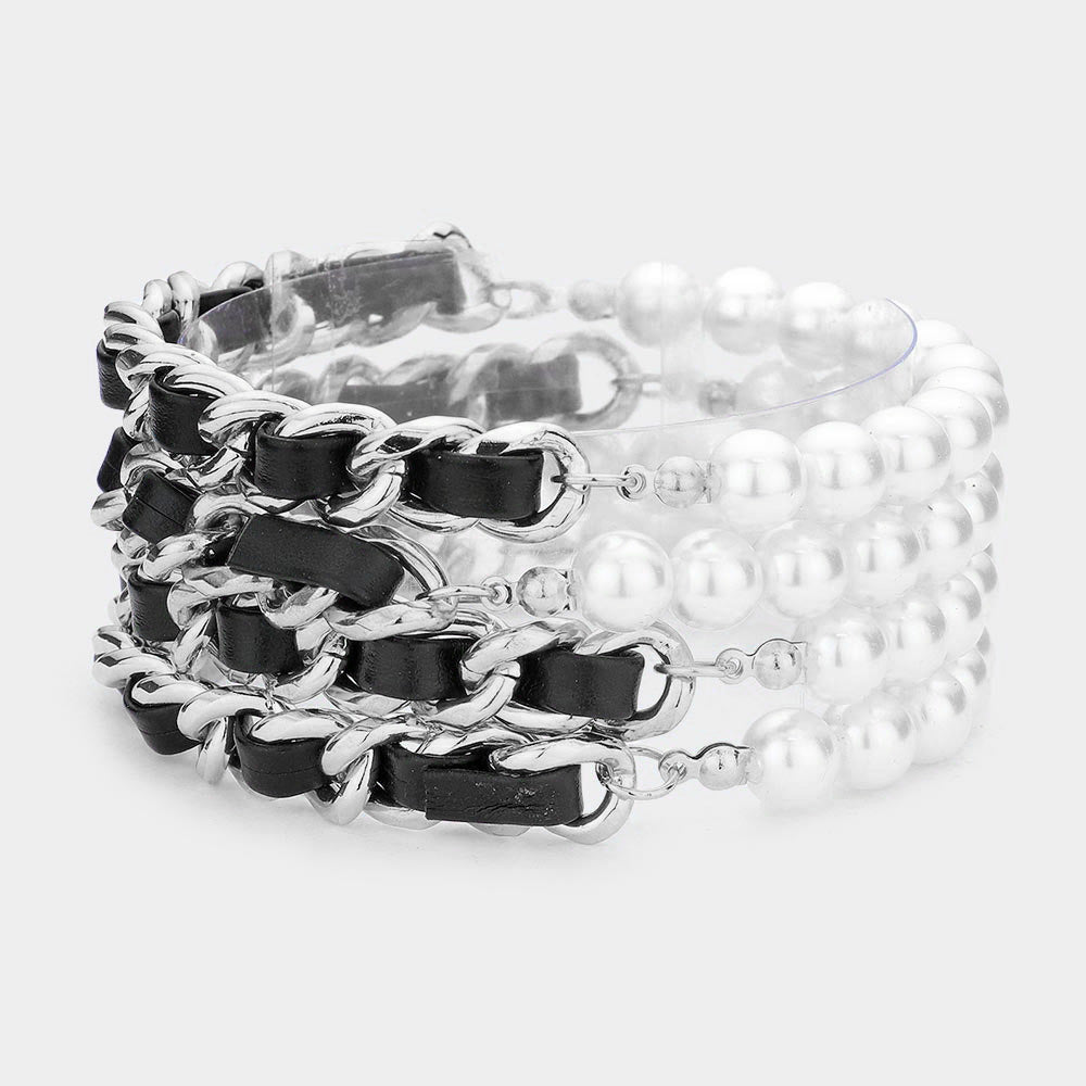Madeline Love Black, Rhodium 4PCS - Faux Leather Braided Pearl Beaded Multi Layered Bracelets