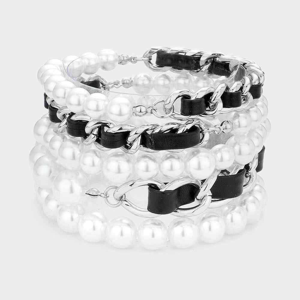 Madeline Love Black, Rhodium 5PCS - Faux Leather Braided Pearl Beaded Multi Layered Bracelets