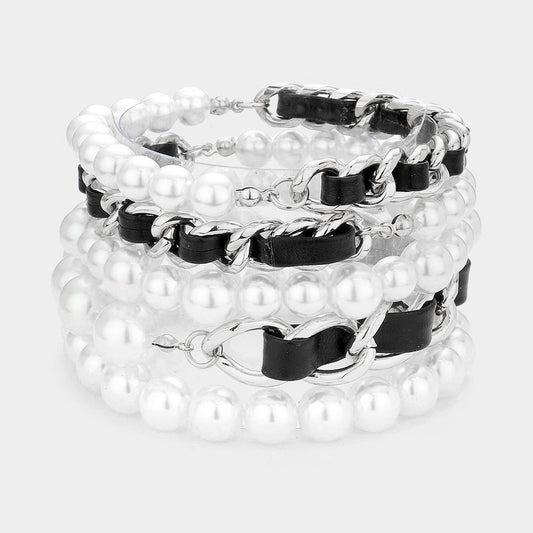 Madeline Love Black, Rhodium 5PCS - Faux Leather Braided Pearl Beaded Multi Layered Bracelets